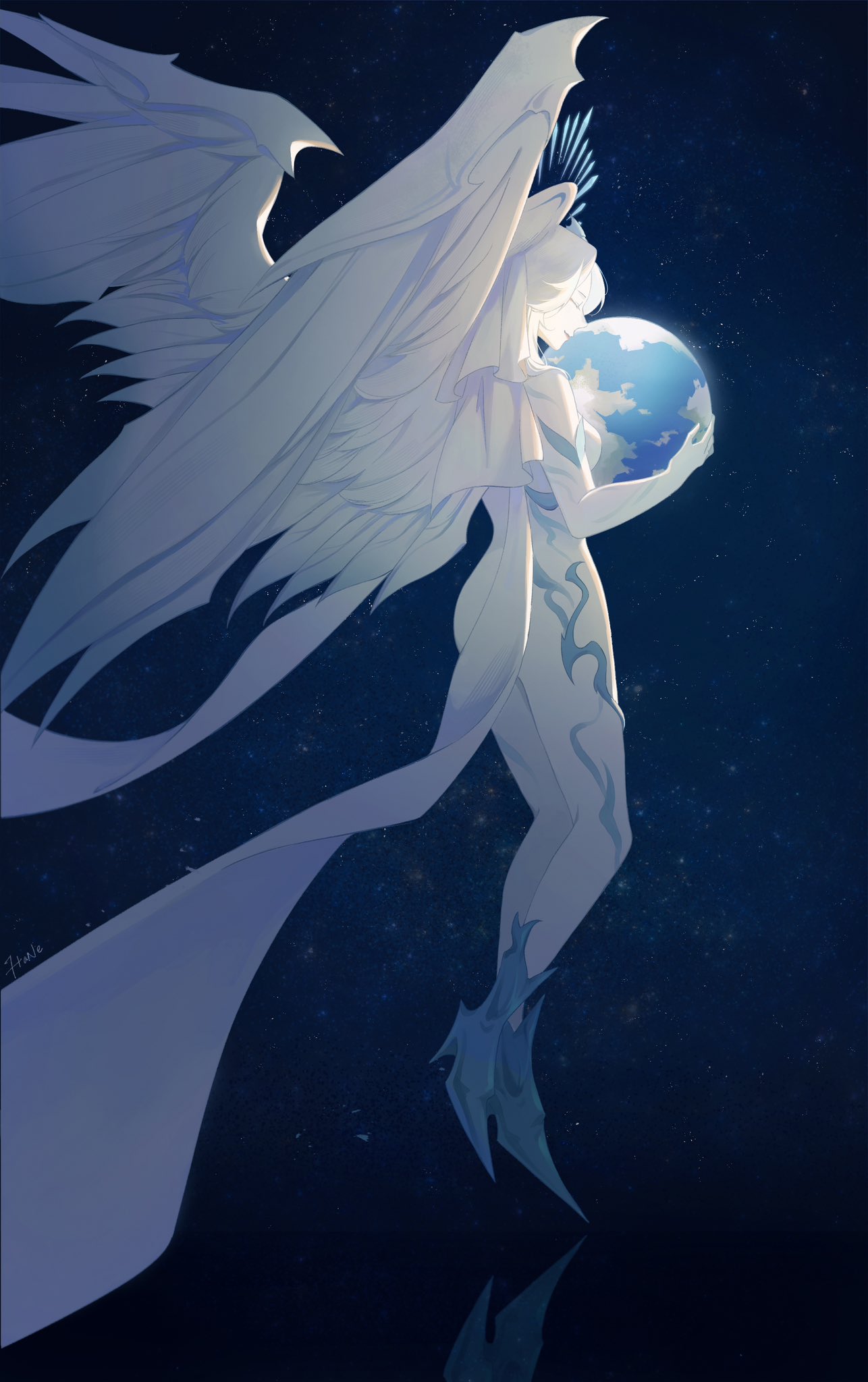 1girl blue_footwear blue_theme closed_eyes colored_skin commentary english_commentary feathered_wings final_fantasy final_fantasy_xiv floating from_behind full_body giant giantess glowing halo halo_behind_head hane_(yhane312) head_wings high_heels highres holding_planet hydaelyn medium_hair multiple_wings planet sky smile solo space star_(sky) starry_sky white_hair white_skin white_wings wings