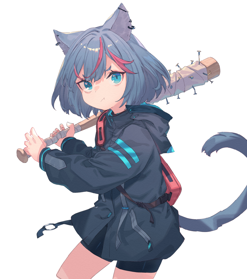 1girl animal_ears baseball_bat bike_shorts black_hair blue_eyes cat_ears cat_tail commentary ear_piercing holding holding_baseball_bat jacket multicolored_hair nail nail_(hardware) nail_bat original peroncho piercing pout red_hair simple_background solo streaked_hair tail two-tone_hair white_background