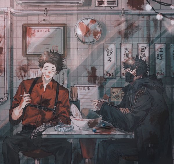 2boys arm_on_table ashtray belt black_belt black_hair black_jacket black_mask black_pants blood blood_on_wall boku_no_hero_academia chair character_request cigarette closed_mouth collared_shirt commentary dabi_(boku_no_hero_academia) dishes english_commentary garter_straps hair_between_eyes holding holding_cigarette jacket long_sleeves looking_at_viewer male_focus mask mouth_mask multiple_boys on_chair open_mouth pants prosthesis prosthetic_arm red_shirt shirt short_hair sitting sleeves_rolled_up st31010 tile_wall tiles translation_request