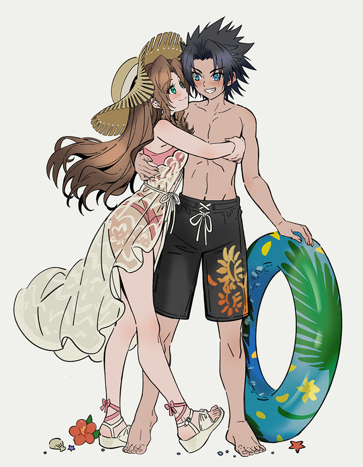 1boy 1girl aerith_gainsborough aerith_gainsborough_(sunny_robe) arm_around_waist barefoot bikini black_hair blue_eyes final_fantasy final_fantasy_vii final_fantasy_vii_ever_crisis flower green_eyes hat holding holding_swim_ring hug huosheanng innertube long_hair official_alternate_costume pink_bikini sandals simple_background smile spiked_hair starfish straw_hat swim_ring swimsuit topless_male zack_fair zack_fair_(tropical_beach)