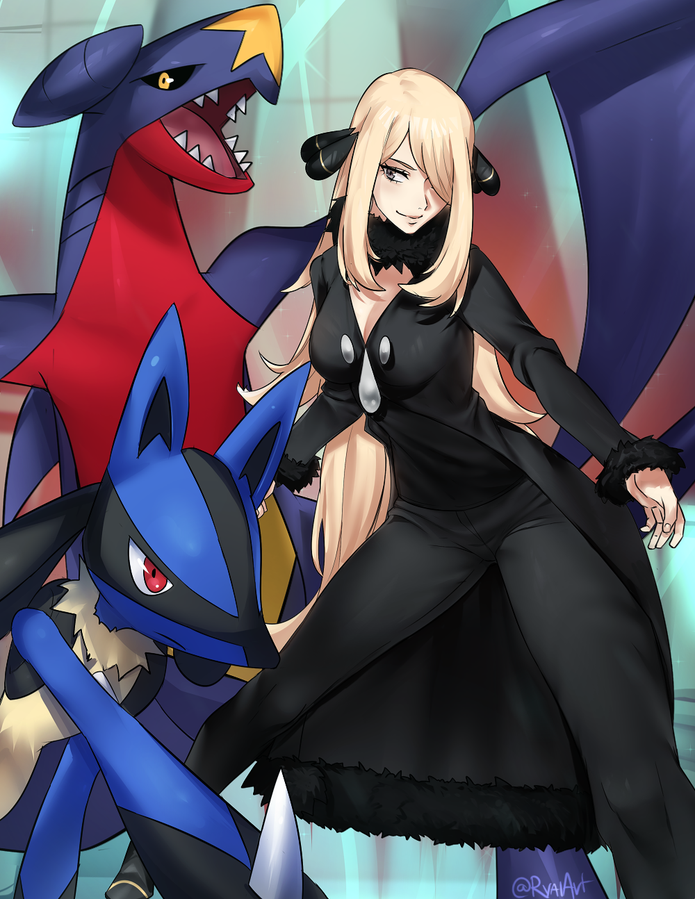 1girl black_coat black_pants black_shirt blonde_hair breasts cleavage closed_mouth coat cynthia_(pokemon) feet_out_of_frame fur-trimmed_sleeves fur_collar fur_trim garchomp gen_4_pokemon grey_eyes hair_ornament hair_over_one_eye highres large_breasts legs_apart long_hair lucario nintendo pants pokemon pokemon_(creature) pokemon_dppt red_eyes ryairyai sharp_teeth shirt smile standing teeth very_long_hair yellow_eyes