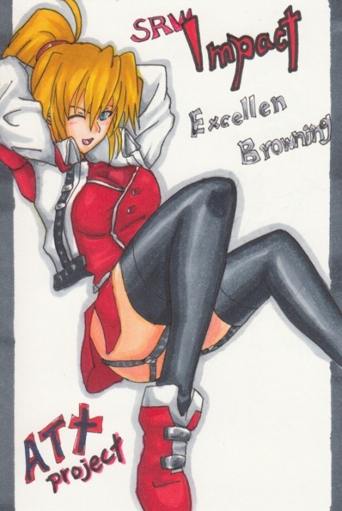 1girl ;d arms_behind_head blonde_hair blue_eyes boots breasts character_name colored_pencil_(medium) copyright_name english_text excellen_browning female_focus garter_straps j_a_m jacket jam_(ggsol) large_breasts marker_(medium) one_eye_closed open_clothes open_jacket open_mouth ponytail smile solo super_robot_wars super_robot_wars_impact thighhighs traditional_media wink