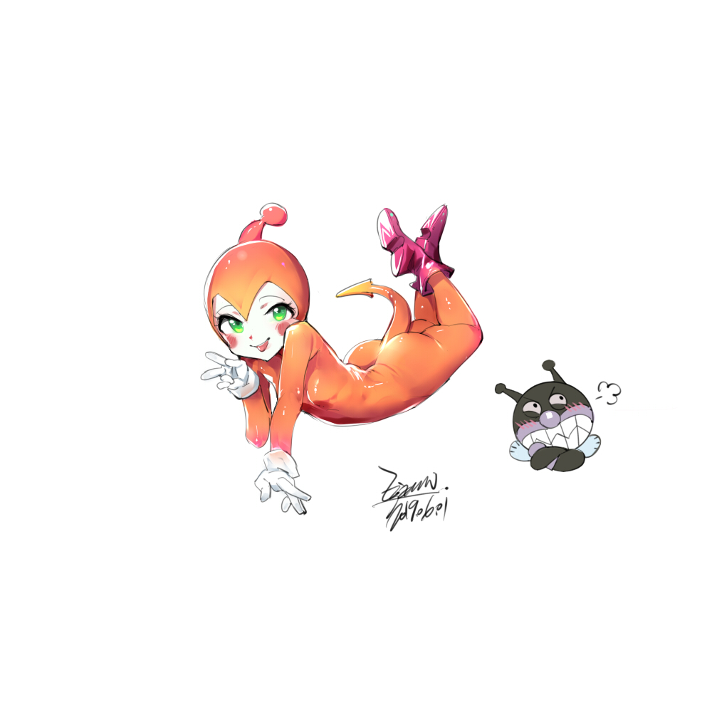 1girl :p anpanman ass baikinman blush boots dated demon_tail dokin-chan ejami gloves green_eyes looking_at_viewer signature simple_background smile tail tongue tongue_out v white_background