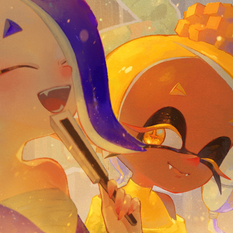 2girls :&gt; bare_shoulders blonde_hair blue_hair blue_shawl breasts chest_sarashi closed_eyes closed_mouth colored_eyelashes commentary_request crop_top dark-skinned_female dark_skin dmwggg earrings fan_to_mouth fangs folded_fan folding_fan frye_(deep_cut_outfit)_(splatoon) frye_(splatoon) gradient_hair hair_over_one_eye hair_tie hand_fan happy holding holding_fan inkling jewelry laughing light_particles looking_at_another multicolored_hair multiple_earrings multiple_girls nintendo octoling one_eye_closed open_mouth orange_pupils portrait sarashi shawl shirt shiver_(deep_cut_outfit)_(splatoon) shiver_(splatoon) short_eyebrows small_breasts smile splatoon_(series) splatoon_3 star-shaped_pupils star_(symbol) symbol-shaped_pupils tentacles tooth_earrings two-tone_hair yellow_eyes yellow_shawl yellow_shirt