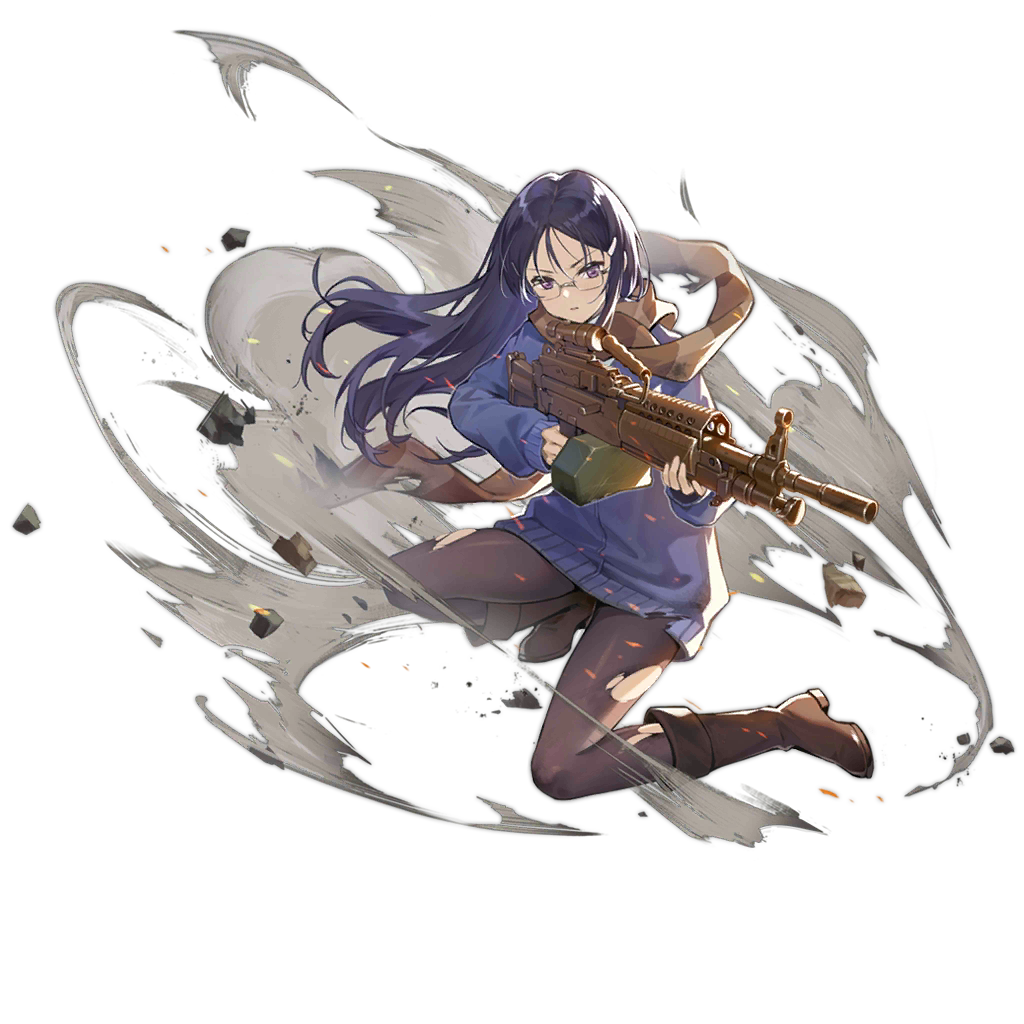 1girl aiming ammunition_box bad_tag boots brown_boots claes crossover damaged full_body girls&#039;_frontline glasses gun gunslinger_girl hair_ornament hairclip holding jacket light_machine_gun long_hair long_sleeves looking_at_viewer m249_saw machine_gun official_art pantyhose parted_lips purple_eyes purple_hair scope smile_(mm-l) solo squad_automatic_weapon torn_clothes torn_pantyhose transparent_background weapon