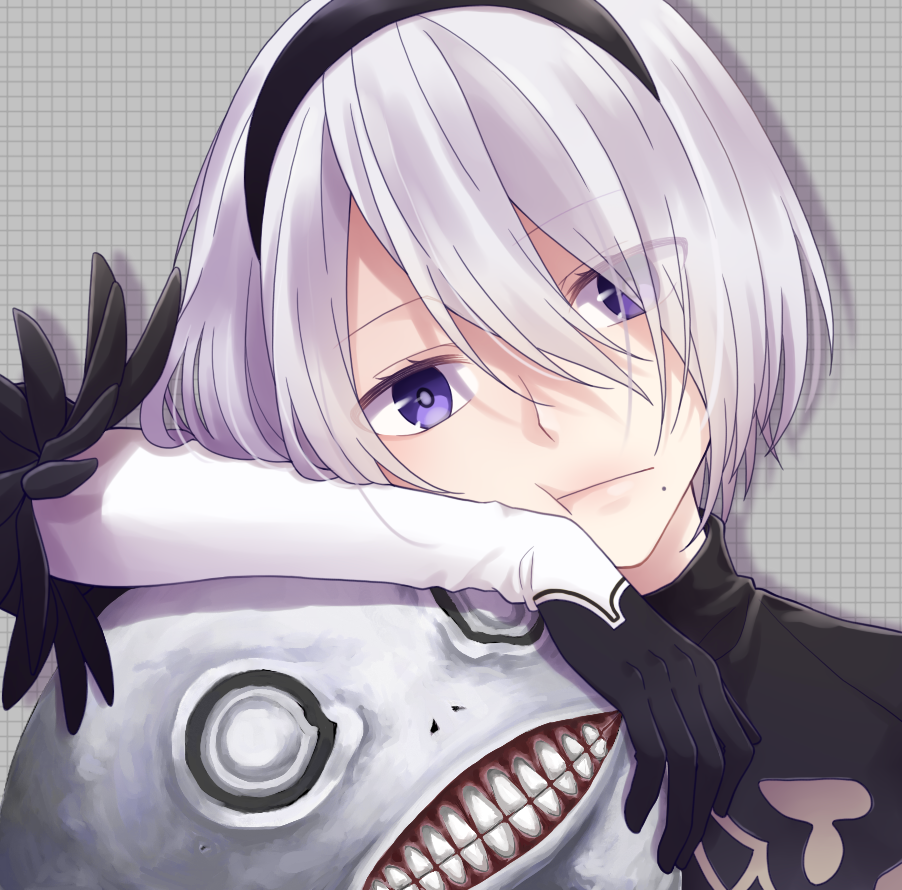 1boy 1girl 2b_(nier:automata) arm_rest black_dress black_gloves black_hairband closed_mouth commentary_request dress elbow_gloves emil_(nier) eyes_visible_through_hair gloves grey_background grid_background hair_between_eyes hair_over_one_eye hairband long_hair looking_at_viewer mole mole_under_mouth nier:automata nier_(series) portrait purple_eyes short_hair tamakingx422x teeth two-tone_gloves white_gloves white_hair