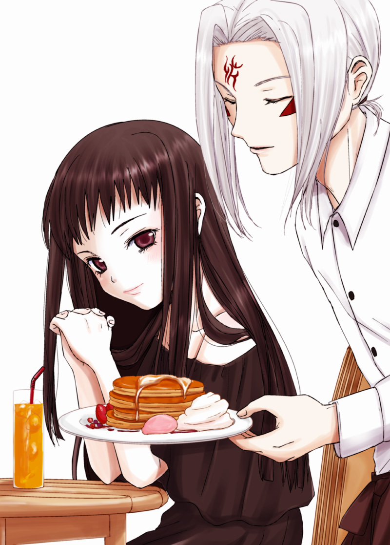 1boy 1girl ar_tonelico ar_tonelico_ii black_hair dress facial_mark food forehead_mark fruit inumori_sayaka jakuri_(ar_tonelico) long_hair michitaka_ayatane pancake red_eyes short_hair sitting smile strawberry white_hair