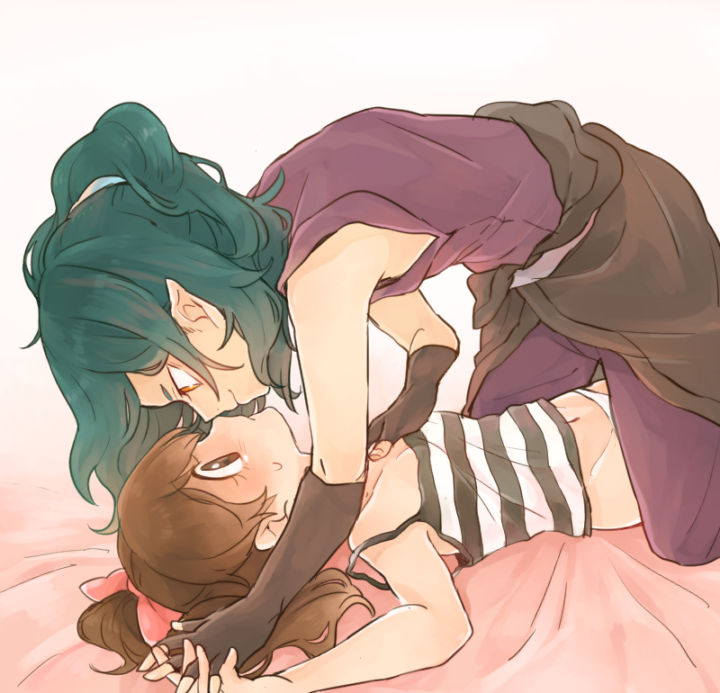 10s 1boy 1girl all_fours alto168 bad_id bad_pixiv_id black_gloves bow breasts brown_eyes collarbone elbow_gloves eye_contact from_side gloves grabbing_another&#039;s_breast green_hair grey_background groping hair_bow hetero imminent_kiss kodama_fumika long_hair looking_at_another navel orange_eyes orochi_(youkai_watch) panties pants pointy_ears ponytail purple_pants purple_shirt red_bow shirt sleeveless sleeveless_shirt small_breasts striped_clothes striped_shirt underwear white_panties youkai_watch