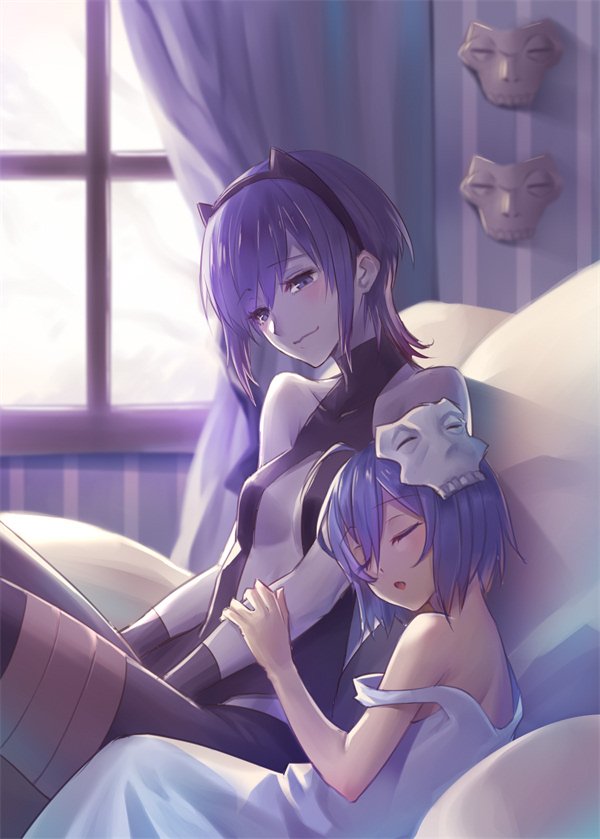 2girls assassin_(fate/zero) bare_shoulders black_hairband black_leotard blush breasts center_opening child_assassin_(fate/zero) closed_mouth collarbone colored_skin commentary_request curtains dark-skinned_female dark_skin day dress fate/prototype fate/prototype:_fragments_of_blue_and_silver fate/zero fate_(series) grey_skin hair_between_eyes hairband hassan_of_serenity_(fate) head_tilt indoors leotard mask mask_on_head multiple_girls oukawa_yuu parted_lips pillow purple_eyes purple_hair short_hair sitting skull_mask sleeping sleeveless sleeveless_dress small_breasts smile strap_slip sunlight white_dress window