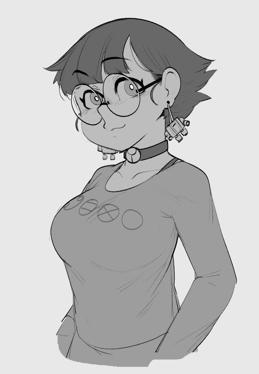 1girl breasts choker closed_mouth collarbone cropped_torso earrings glasses greyscale highres jewelry krekkov large_breasts long_sleeves looking_at_viewer matoran_language monochrome original round_eyewear shirt short_hair simple_background smile solo