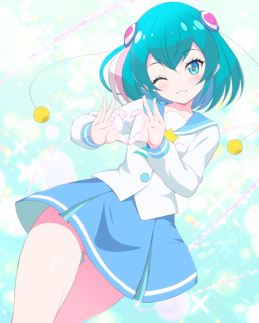 1girl ;) blue_eyes blue_hair blue_sailor_collar blue_skirt chisato_(missing_park) female_focus hagoromo_lala heart heart_hands long_sleeves mihoshi_middle_school_uniform multicolored_hair no_panties one_eye_closed pink_hair precure sailor_collar school_uniform short_hair skirt smile solo star-shaped_pupils star_(symbol) star_twinkle_precure streaked_hair symbol-shaped_pupils white_hair