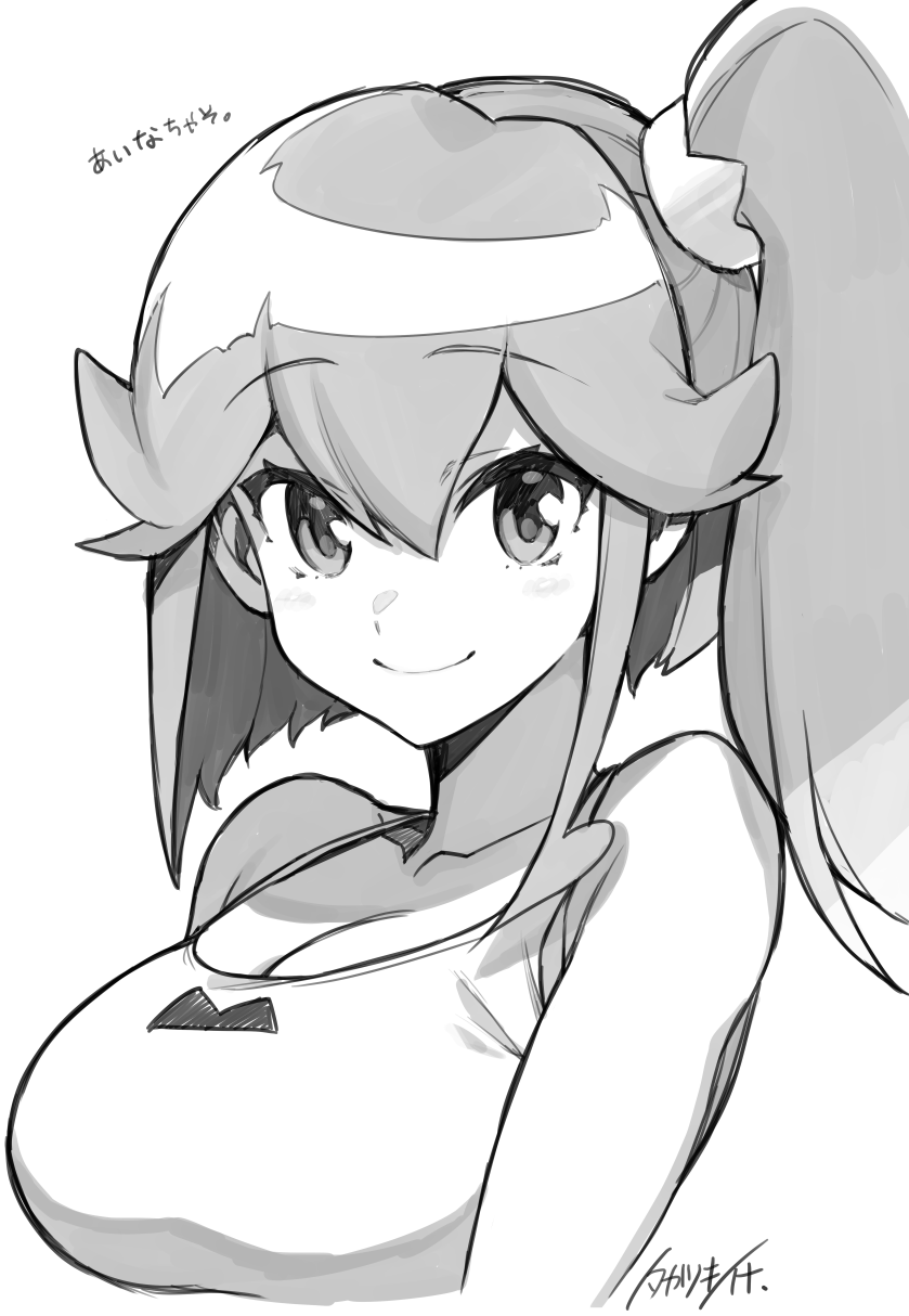 1girl aina_ardebit breasts cleavage closed_mouth collarbone greyscale hair_between_eyes highres large_breasts looking_at_viewer monochrome promare side_ponytail smile solo takatsuki_ichi upper_body