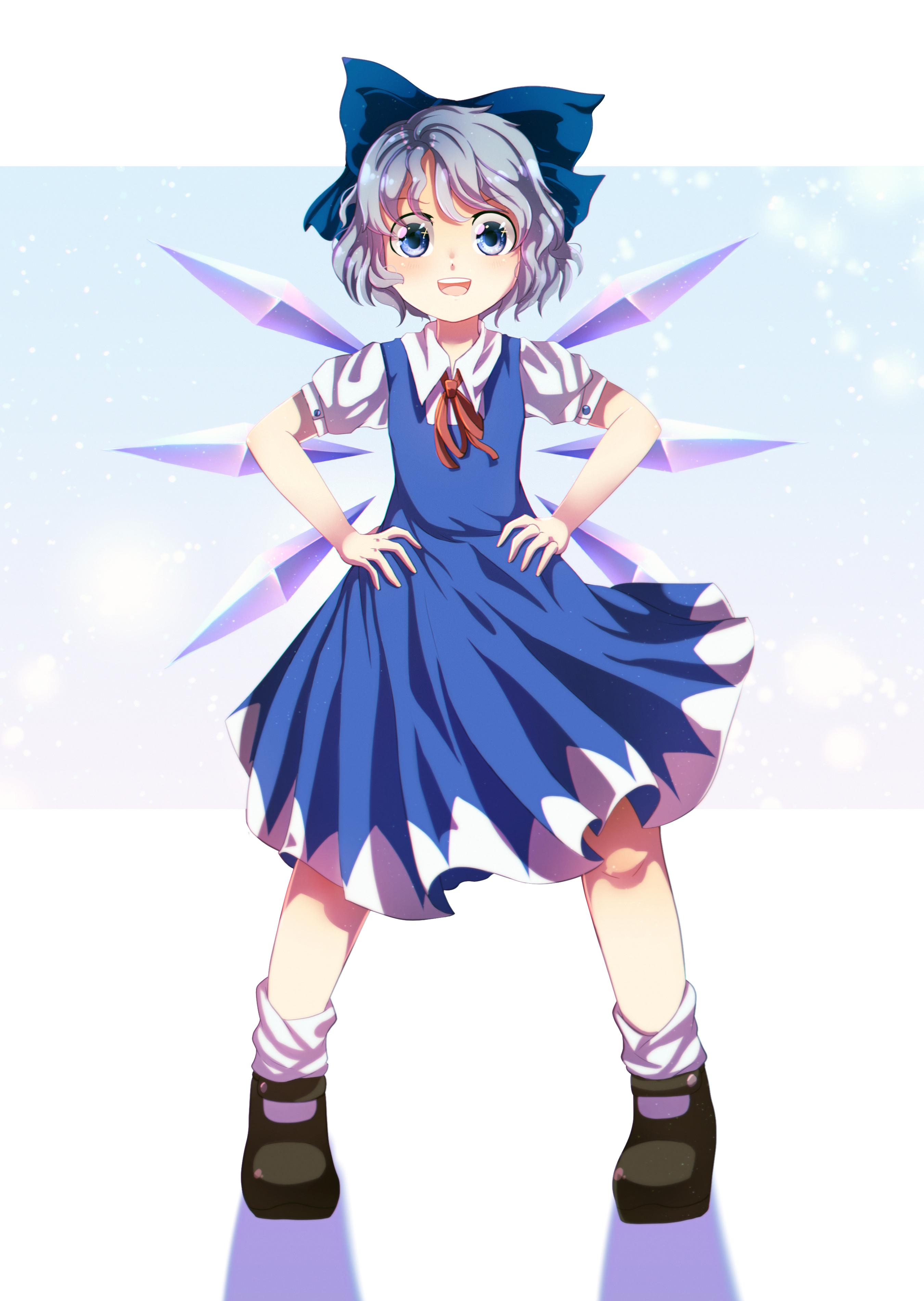 1girl absurdres black_shoes blue_bow blue_dress blue_eyes blue_hair bow cirno cirno_day collared_shirt detached_wings dress dungeon_toaster full_body hands_on_own_hips highres looking_at_viewer mary_janes neck_ribbon open_mouth pinafore_dress puffy_short_sleeves puffy_sleeves red_ribbon ribbon shirt shoes short_hair short_sleeves simple_background sleeveless sleeveless_dress socks solo standing teeth touhou upper_teeth_only white_shirt white_socks wings