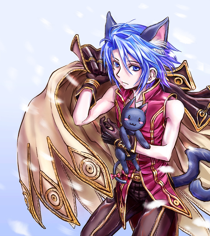 1boy :3 animal animal_ear_fluff animal_ears black_cat blue_background blue_eyes blue_hair brown_cape brown_gloves brown_pants cape cat cat_boy cat_ears cat_tail closed_mouth commentary_request cowboy_shot expressionless gloves gold_trim hair_between_eyes holding holding_animal holding_cat looking_at_viewer male_focus pants ragnarok_online red_shirt shirt short_hair sleeveless sleeveless_shirt solo tail unworn_cape wizard_(ragnarok_online) yukimushi