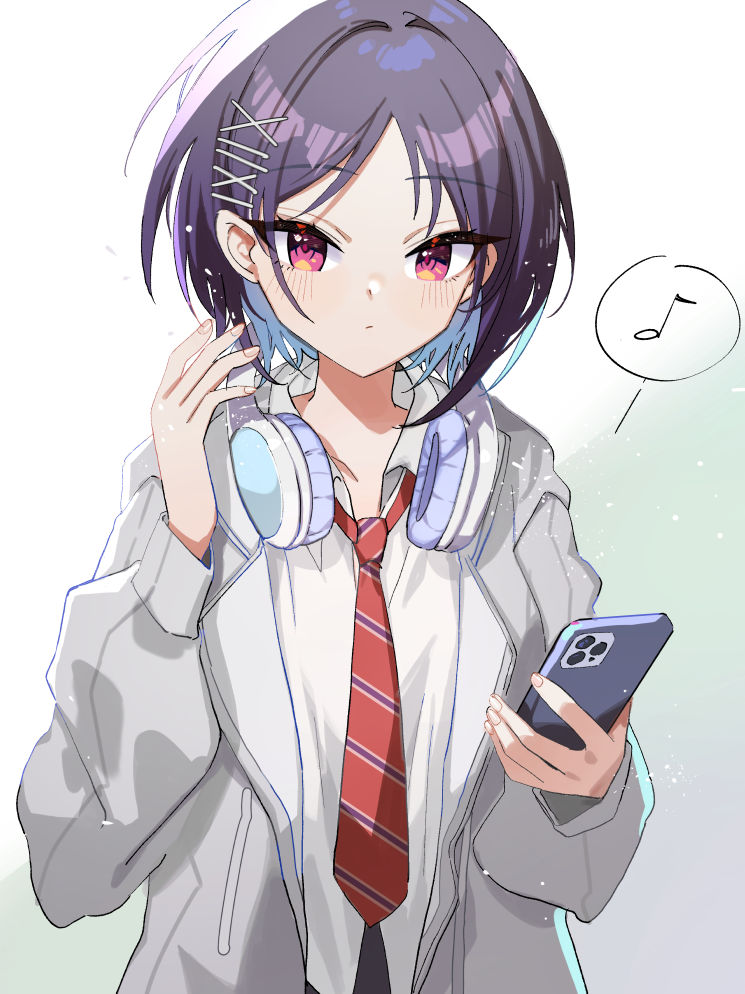 1girl black_hair cellphone closed_mouth collarbone dot_nose eighth_note gakuen_idolmaster gradient_background green_background grey_background grey_jacket hair_ornament hairclip hand_up headphones headphones_around_neck holding holding_phone idolmaster jacket light_particles long_sleeves looking_at_viewer mao_xiaozha_(rumiechen) mashiro_yu multicolored_background musical_note necktie open_clothes open_jacket phone red_eyes red_necktie shirt short_hair simple_background smartphone solo speech_bubble striped_necktie upper_body white_background white_shirt