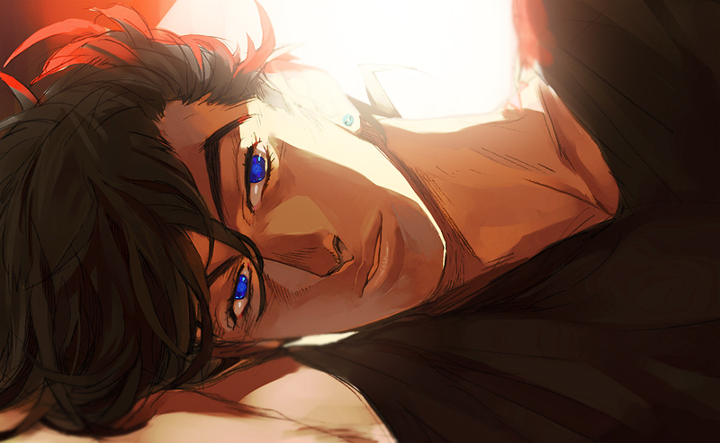 1boy blue_eyes faddawdle higashikata_josuke jojo_no_kimyou_na_bouken looking_at_viewer male_focus messy_hair pompadour solo