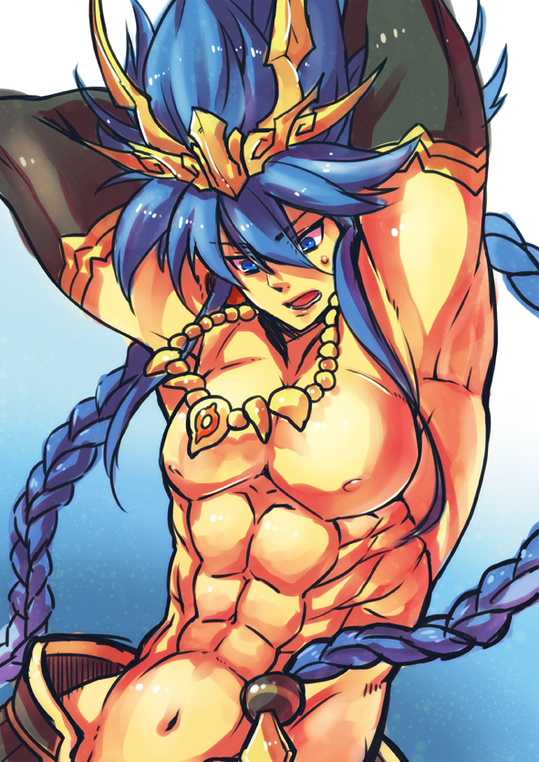 1boy arms_up bara blue_eyes blue_hair bracelet braid cho_aniki cho_aniki_zero earrings elbow_gloves gloves gradient_background hair_ornament idaten jewelry male_focus manly matching_hair/eyes muscular navel necklace nipples open_mouth solo twin_braids
