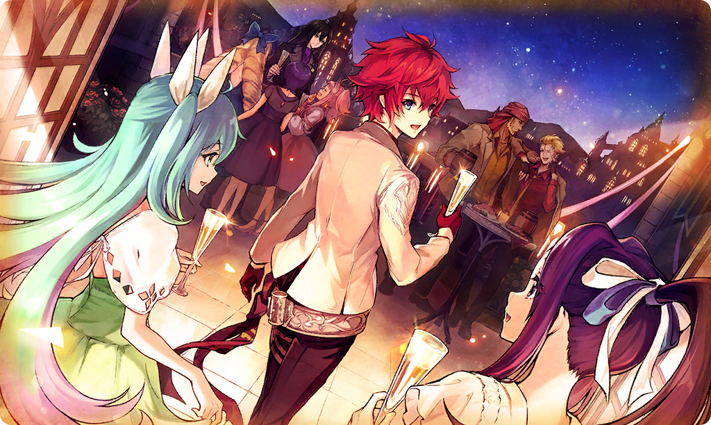 4boys 5girls :d ^_^ alma_(ta_ga_tame_no_alchemist) amane_(ta_ga_tame_no_alchemist) beard black_hair blonde_hair blue_dress brown_jacket champagne_flute closed_eyes closed_mouth collared_shirt commentary cup dias_(ta_ga_tame_no_alchemist) dress drill_hair drinking_glass edgar_(ta_ga_tame_no_alchemist) eye_contact facial_hair facing_another forehead gloves green_dress green_hair high_ponytail holding holding_cup jacket jacket_on_shoulders kamui_(ta_ga_tame_no_alchemist) lisbeth_finn_lustburg logi_crowley long_hair looking_at_another looking_back multiple_boys multiple_girls necktie night night_sky official_art open_mouth pants pink_hair ponytail purple_hair rebecca_(ta_ga_tame_no_alchemist) red_gloves red_hair red_shirt shirt short_hair sky smile ta_ga_tame_no_alchemist third-party_source tina_(ta_ga_tame_no_alchemist) turban twin_drills two_side_up yellow_necktie yellow_shirt