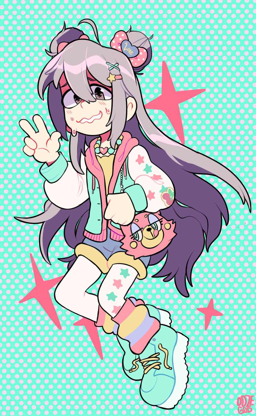 1girl animal_bag blue_shoes cat_bag collar creepygatos double_bun grey_hair hair_bun hair_ornament hairpin highres hoshi_syoko idol idolmaster idolmaster_cinderella_girls jacket long_hair polka_dot polka_dot_background scared shoes short_hair sparkle star_(symbol) star_hair_ornament sweat sweatdrop thighhighs untied_shoelaces v watermark wavy_hair