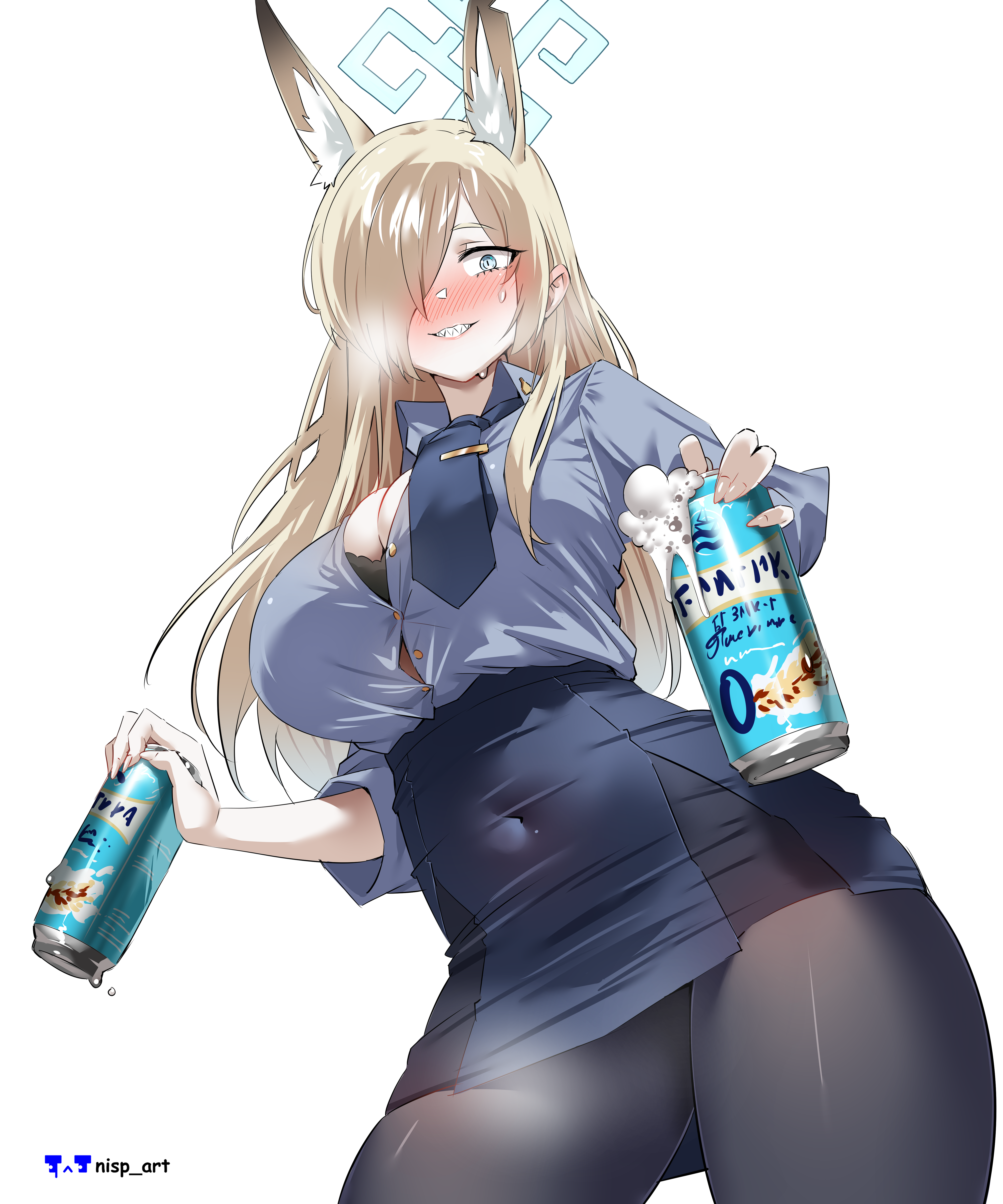 1girl absurdres alcohol animal_ear_fluff animal_ears beer beer_can black_bra black_pantyhose blonde_hair blue_archive blue_eyes blue_necktie blue_shirt blue_skirt blush bra breasts can cleavage crazy_eyes dog_ears dog_girl drink_can drunk foam hair_over_one_eye highres holding holding_can kanna_(blue_archive) large_breasts looking_at_viewer navel necktie nisp_art open_clothes open_shirt pantyhose sharp_teeth shirt skirt smile sweatdrop teeth tight_clothes underwear