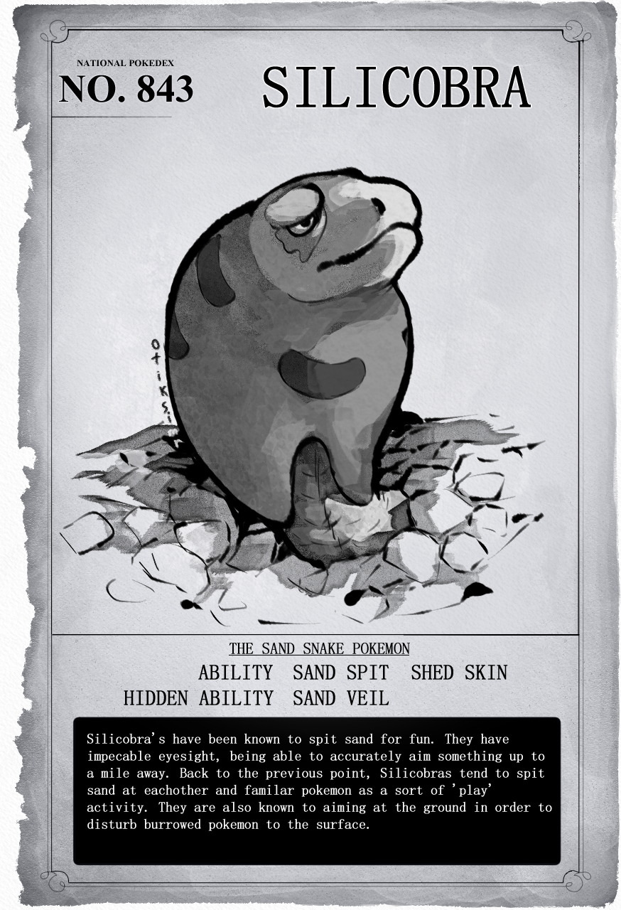 animal_focus artist_name border character_name closed_mouth commentary english_commentary english_text gen_8_pokemon grey_background greyscale highres monochrome nintendo no_humans otiksimr paper peeking_out pokedex_number pokemon pokemon_(creature) pokemon_ability silicobra snake solo straight-on through_ground torn_paper turning_head white_background white_border