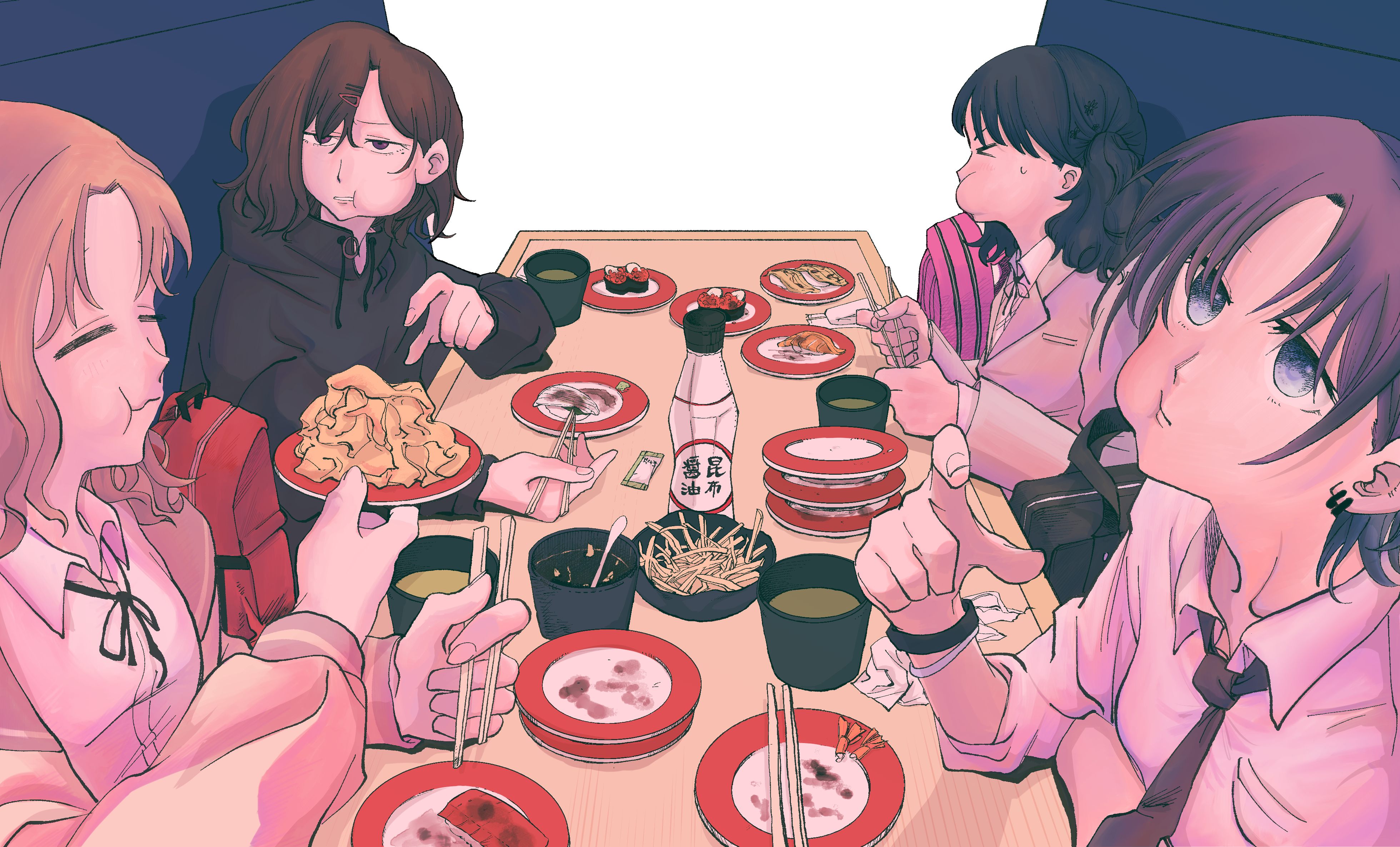 4girls absurdres asakura_toru bag black_hair black_necktie blazer brown_hair chopsticks conveyor_belt_sushi earrings eating fukumaru_koito hair_ornament hairclip highres higuchi_madoka ichikawa_hinana idolmaster idolmaster_shiny_colors jacket jewelry long_hair mole mole_under_eye multiple_girls neck_ribbon necktie noctchill_(idolmaster) plate puffy_cheeks purple_eyes ribbon school_uniform shirt short_hair table twintails uchu_nabe white_shirt