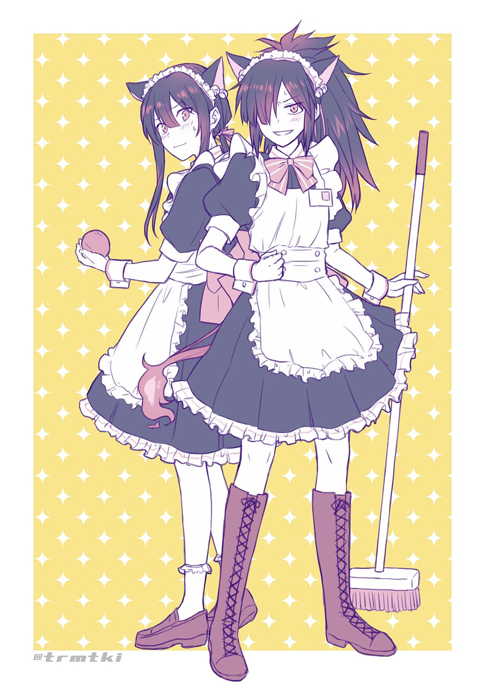 2boys alternate_costume animal_ears ankle_socks apron back_bow ball bell black_dress blush boots border bow bowtie broom brothers brown_footwear cat_boy cat_ears center-flap_bangs clenched_hand closed_mouth collared_dress cross-laced_footwear crossdressing dress embarrassed enmaided fate/grand_order fate_(series) frilled_apron frilled_dress frilled_socks frills full_body furrowed_brow hair_bell hair_between_eyes hair_ornament hair_over_one_eye hair_ribbon hand_up highres holding holding_ball holding_broom knee_boots loafers looking_at_viewer looking_back low_ponytail maid maid_apron maid_headdress male_focus male_maid multiple_boys name_tag oda_kippoushi_(fate) oda_nobukatsu_(fate) oda_nobunaga_(fate) one_eye_covered open_mouth outside_border patterned_background pink_bow pink_bowtie pink_ribbon ponytail puffy_short_sleeves puffy_sleeves raised_eyebrows ribbon shoes short_sleeves siblings sidelocks socks sparkle_background standing striped_bow striped_bowtie striped_clothes sweatdrop teramoto_kei twitter_username v-shaped_eyebrows wavy_mouth white_apron white_border white_socks white_wrist_cuffs wing_collar wrist_cuffs yellow_background