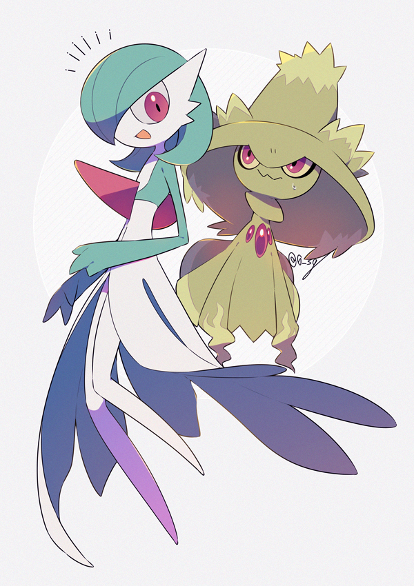 alternate_color artist_name bob_cut colored_skin dress floating gardevoir gen_3_pokemon gen_4_pokemon ghost green_hair hat mismagius multicolored_skin nintendo no_feet open_mouth pink_eyes pokemon pokemon_(creature) sg_(suuchan) shiny_pokemon simple_background sweatdrop two-tone_skin white_dress white_skin witch_hat