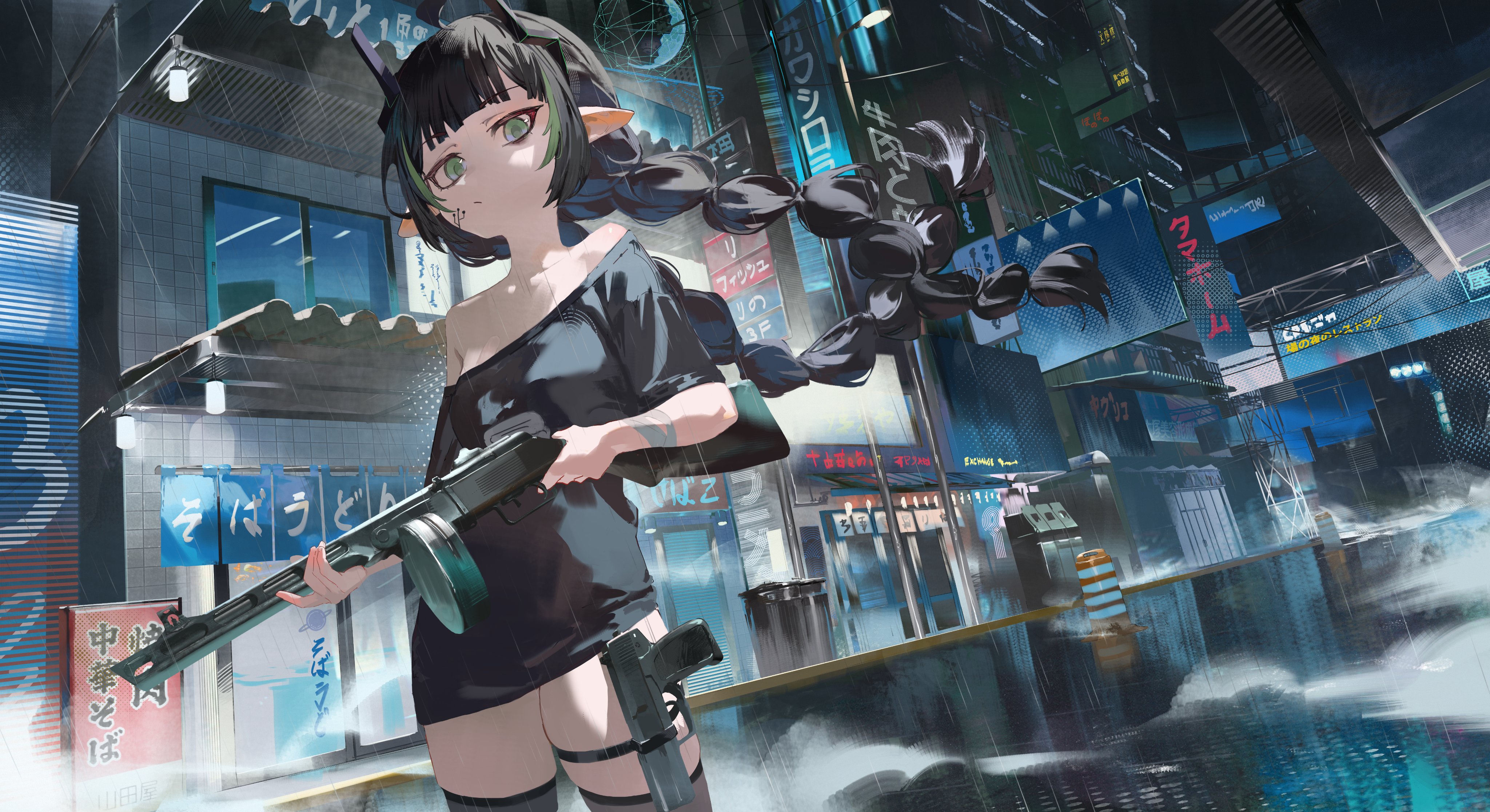1girl absurdres black_horns black_shirt black_thighhighs braid breasts building city commission darr1o elf elfinpsyop facial_mark green_eyes green_hair gun handgun highres holding holding_gun holding_weapon holster horns indie_virtual_youtuber long_hair looking_at_viewer multicolored_hair night outdoors pointy_ears second-party_source shirt small_breasts solo streaked_hair submachine_gun thigh_holster thighhighs thompson_submachine_gun twin_braids virtual_youtuber weapon