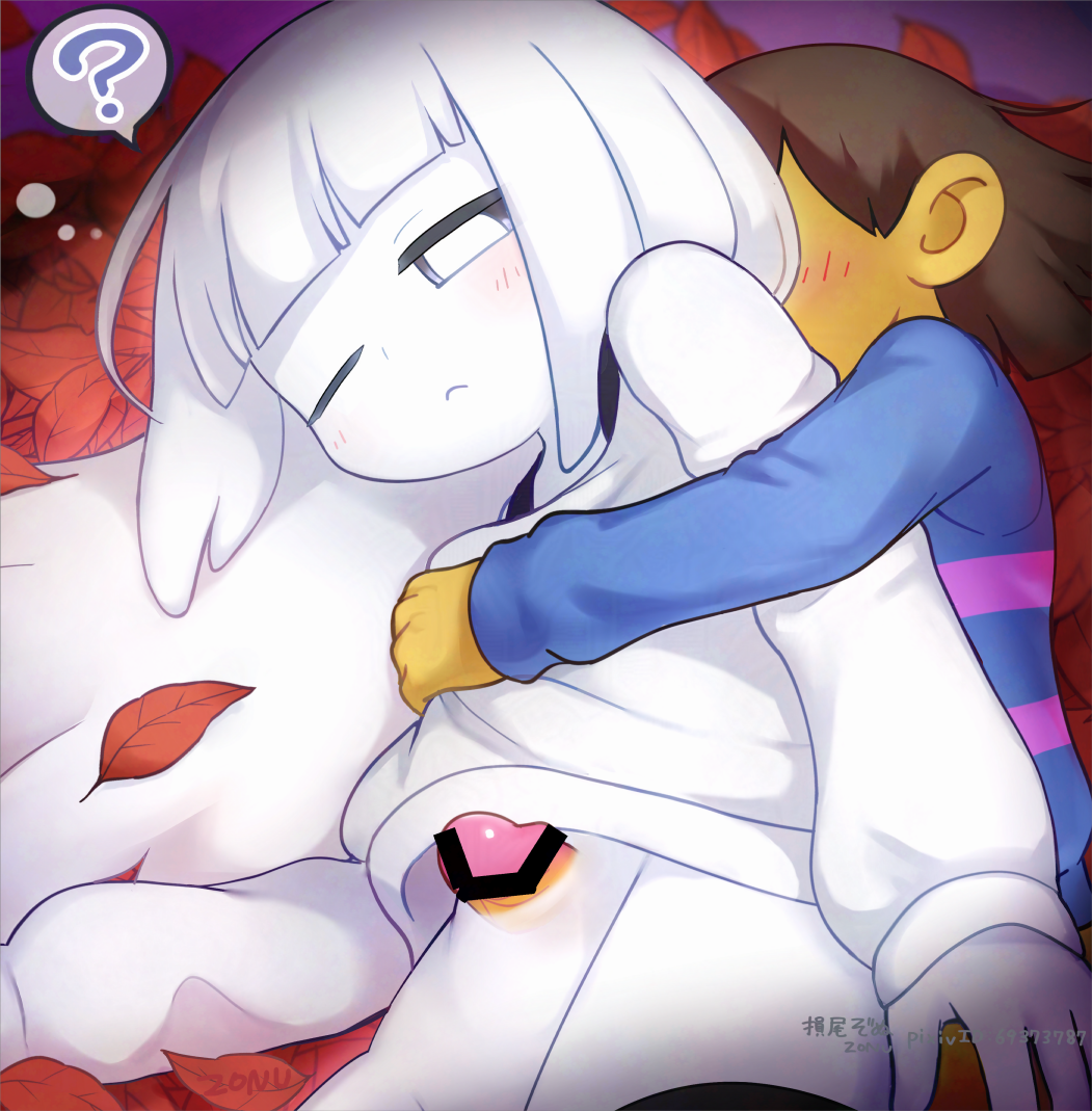 1boy 1girl ;&lt; ? bar_censor black_eyes black_thighhighs blue_shirt blunt_bangs bottomless bright_pupils brown_hair censored closed_mouth colored_skin commentary_request cowboy_shot frisk_(undertale) genderswap genderswap_(otf) genderswap_(otm) ghost ghost_girl hair_behind_ear hair_spread_out in-universe_location leaf long_hair long_sleeves lying napstablook on_side one_eye_closed penis personification pink_shirt puffy_long_sleeves puffy_sleeves sex sex_from_behind shirt spoken_question_mark striped_clothes striped_shirt thighhighs two-tone_shirt undertale vignetting white_hair white_pupils white_shirt white_skin yellow_skin zonu_the_zombie