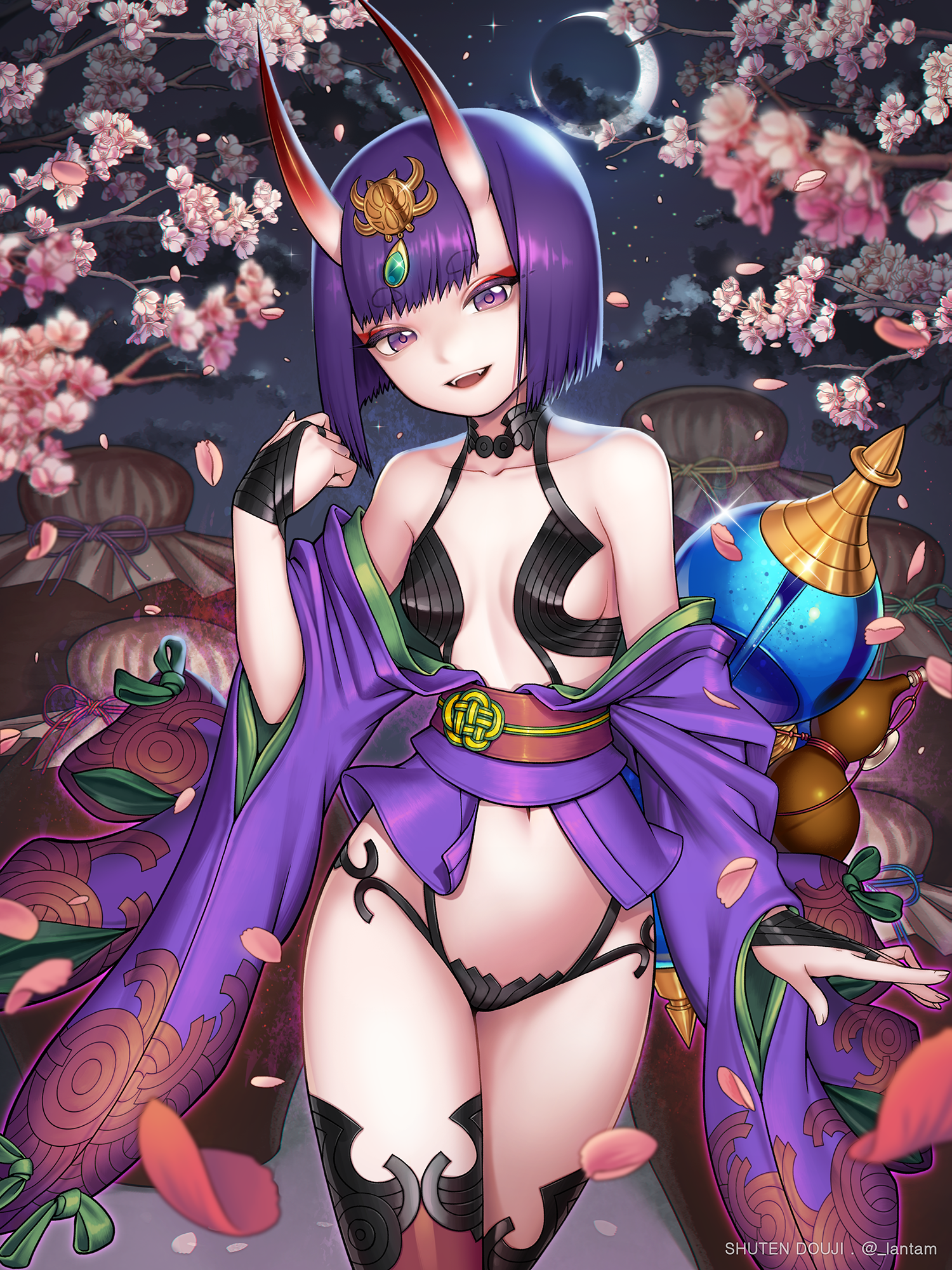 1girl :d alcohol breasts character_name crescent_moon fate/grand_order fate_(series) female_focus hair_ornament highres horns japanese_clothes kimono lantam looking_at_viewer moon navel night night_sky oni open_mouth purple_eyes purple_hair revealing_clothes sake sakura short_hair shuten_douji_(fate) skin-covered_horns sky small_breasts smile solo standing thighs twitter_username