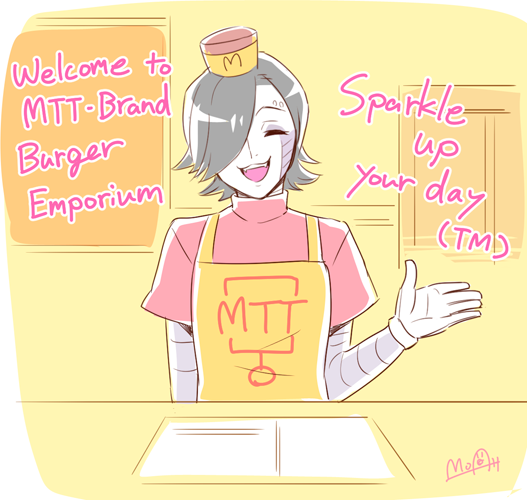 1boy :d ^_^ apron artist_name black_hair burgerpants burgerpants_(cosplay) closed_eyes cosplay english_text closed_eyes fangs gloves hat hato_moa male_focus mettaton mettaton_ex open_mouth restaurant smile undertale |_|
