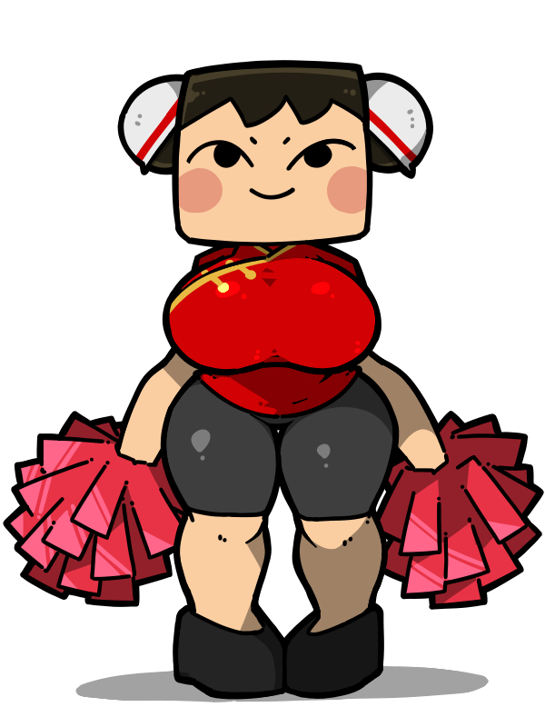 1girl arms_at_sides black_eyes black_hair black_shoes black_shorts breasts chinese_clothes closed_mouth counter_fight double_bun full_body hair_bun holding holding_pom_poms large_breasts name_omoitukan2 no_nose pigeon-toed pom_pom_(cheerleading) pom_poms shadow shoes shorts simple_background smile solo standing thick_lineart thigh_gap white_background