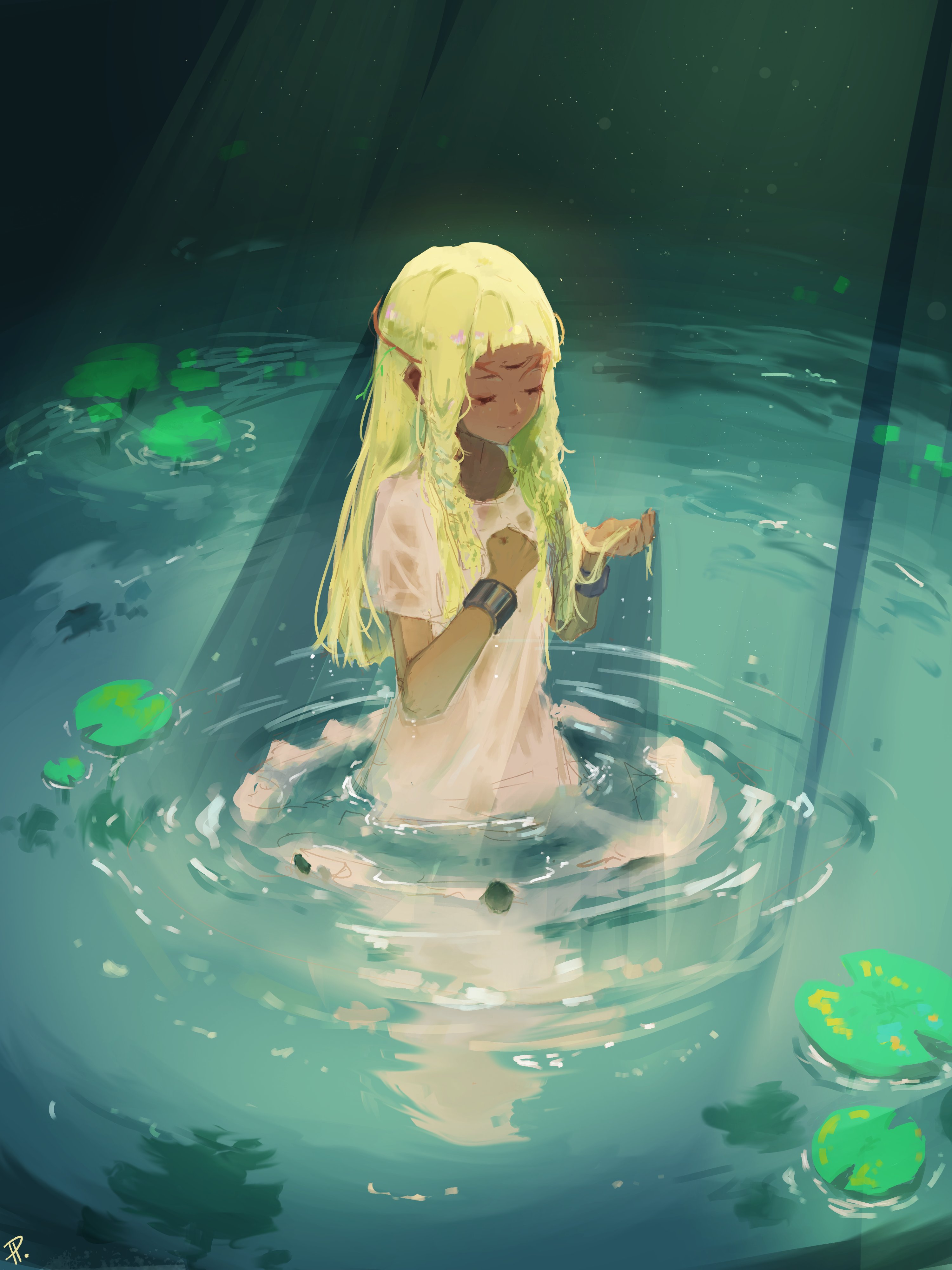 1girl absurdres blonde_hair braid closed_eyes closed_mouth dark-skinned_female dark-skinned_male dark_skin dress eupha_(metaphor:_refantazio) highres long_hair metaphor:_refantazio paopeaw smile solo third_eye twin_braids very_long_hair water