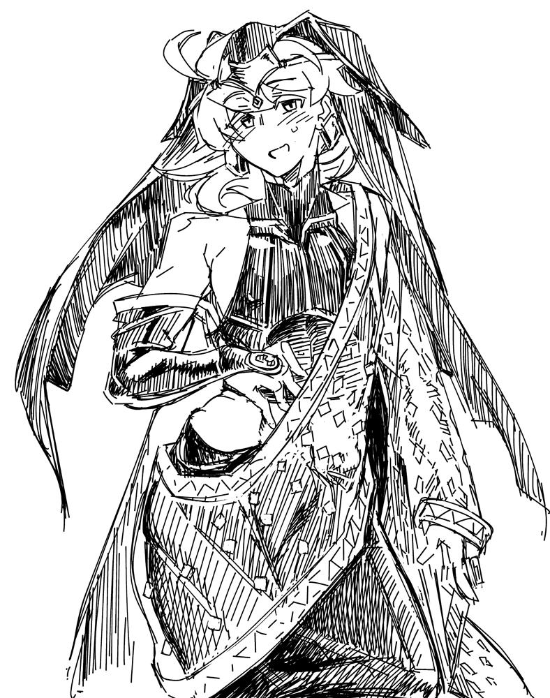 1boy blush bridal_gauntlets cosplay crossdressing crossdressing_(mtf) elbow_gloves fate/grand_order fate_(series) gloves greyscale koyanskaya_(fate) koyanskaya_(indian_lostbelt_outfit)_(fate) male_focus monochrome open_mouth romani_archaman siduri_(fate) siduri_(fate)_(cosplay) single_sleeve sleeveless smile solo sturkey turtleneck