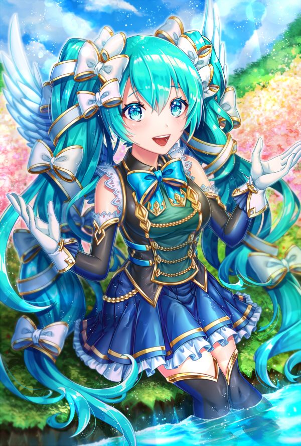 1girl :d black_boots black_sleeves blue_eyes blue_hair blue_neckwear blue_skirt blue_sky blurry blurry_background boots bow breasts cloud day detached_sleeves feathered_wings female_focus floating_hair frilled_skirt frills gloves hair_bow hatsune_miku kamuinii long_hair long_sleeves medium_breasts miniskirt open_mouth outdoors pleated_skirt sitting skirt sky smile solo thigh_boots thighhighs twintails very_long_hair vocaloid white_bow white_gloves white_wings wings zettai_ryouiki