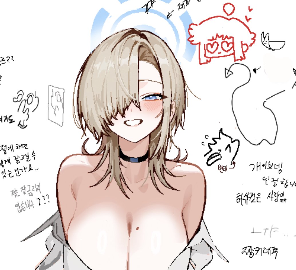 1girl alternate_hair_length alternate_hairstyle anyak05 asuna_(blue_archive) blonde_hair blue_archive blue_halo breasts hair_over_one_eye halo mole mole_on_breast short_hair simple_background sketch solo translation_request upper_body white_background