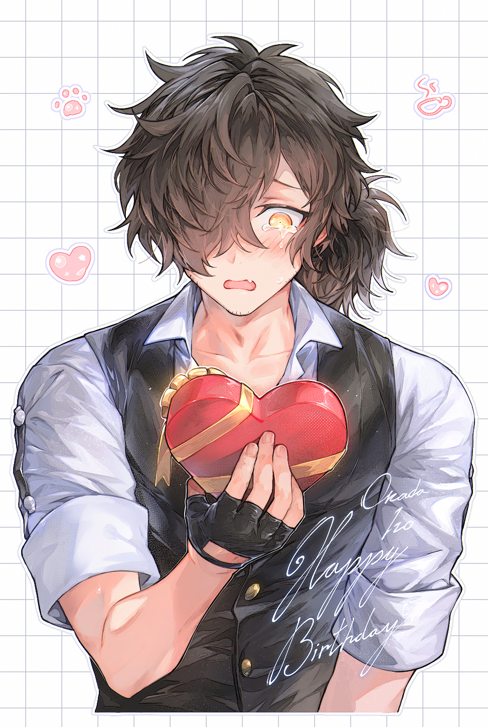 1boy beard_stubble black_gloves black_hair black_vest box collarbone cropped_torso crying crying_with_eyes_open facial_hair fang fate/grand_order fate_(series) fingerless_gloves gift gloves grid_background hair_over_one_eye hand_up happy_birthday heart heart-shaped_box highres holding holding_gift honi_(ohohoni) male_focus medium_hair okada_izou_(fate) okada_izou_(i&#039;m_one_dapping_fella)_(fate) orange_eyes outline ponytail shirt skin_fang solo stubble tears vest white_outline white_shirt