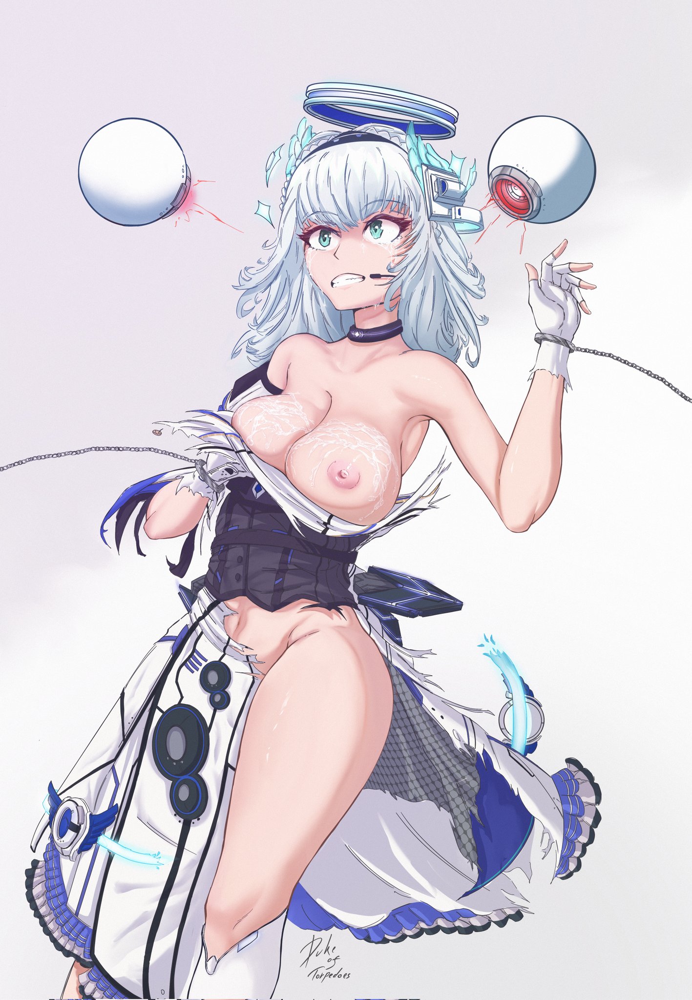 black_choker breasts chain choker cleavage covering_privates covering_breasts cum cum_on_body cum_on_breasts cum_on_upper_body dress floating floating_object gloves highres kamishiro_rita large_breasts one_breast_out prism_project surprised tears thick_thighs thighs torn_clothes torn_dress virtual_youtuber