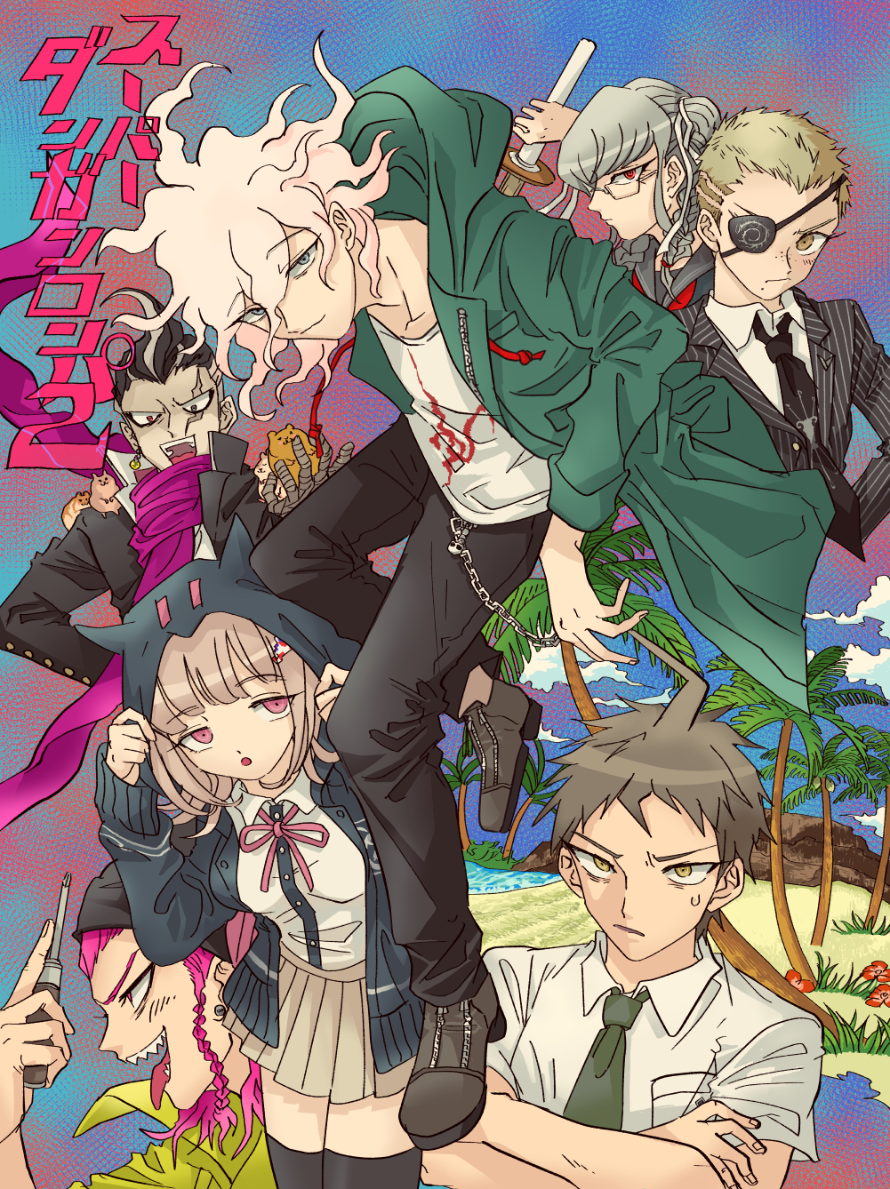 2girls 5boys :d ahoge animal black_hair black_jacket black_shirt black_thighhighs braid brown_hair cham-p crossed_arms danganronpa_(series) danganronpa_2:_goodbye_despair day earrings eyepatch green_jacket green_necktie grey_hair hair_ribbon hamster_on_shoulder highres hinata_hajime holding holding_weapon holding_wrench hood hood_up jacket jewelry jum-p komaeda_nagito kuzuryu_fuyuhiko looking_at_viewer maga-g miniskirt mole mole_under_mouth multicolored_hair multiple_boys multiple_girls nanami_chiaki neck_ribbon necktie open_mouth outdoors palm_tree pants pekoyama_peko pink_hair pleated_skirt print_shirt ribbon scarf shirt shoes short_hair side_braid skirt smile soda_kazuichi striped_clothes striped_jacket sun-d tanaka_gundham thighhighs translation_request tree twin_braids twintails two-tone_hair two-tone_shirt uzu_(uzusio55) very_short_hair weapon white_shirt wrench zettai_ryouiki