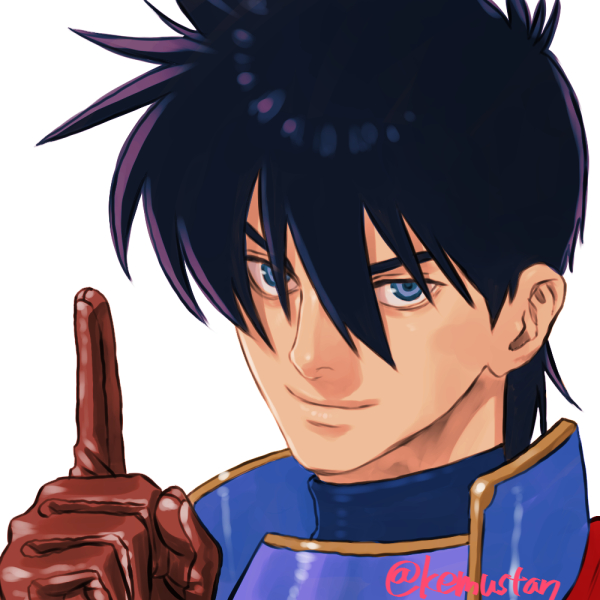 1980s_(style) 1boy armor black_hair blue_eyes close-up dragon_quest dragon_quest_i gloves hair_between_eyes hero_(dq1) index_finger_raised looking_at_viewer male_focus oldschool simple_background smile solo sonomoto_shinzou_(natsume_kyouji) upper_body white_background