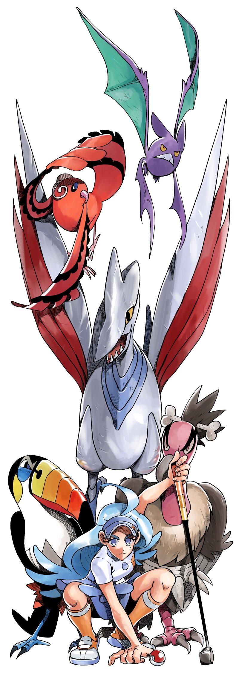 1girl ahoge bird blue_eyes blue_hair blue_skirt commentary_request crobat gen_2_pokemon gen_5_pokemon gen_7_pokemon golf_club highres jeonjin_(mynamebazin) kahili_(pokemon) kneehighs korean_commentary light_frown long_hair mandibuzz miniskirt mole mole_under_eye nintendo orange_shoes orange_socks oricorio oricorio_(baile) poke_ball poke_ball_(basic) pokemon pokemon_(creature) pokemon_sm shoes skarmory skirt socks squatting toucannon visor_cap