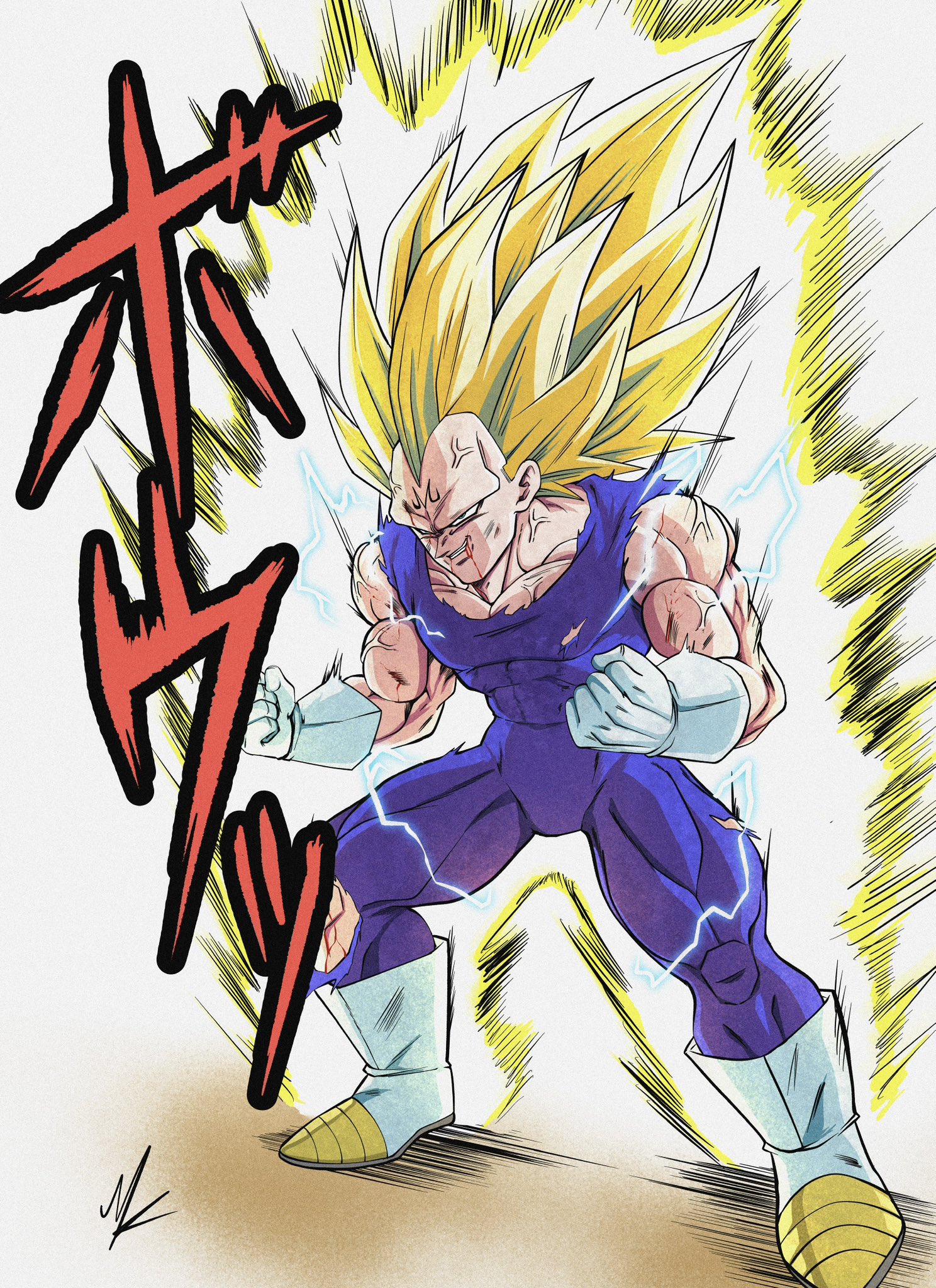 blonde_hair blood blood_from_mouth blue_bodysuit bodysuit boots clenched_hands dragon_ball dragon_ball_daima dragonball_z electricity facial_mark forehead_mark full_body gloves green_eyes highres long_hair majin_vegeta mike20030722 muscular muscular_male no_eyebrows powering_up simple_background smirk spiked_hair super_saiyan super_saiyan_3 torn_bodysuit torn_clothes vegeta white_background white_boots white_gloves