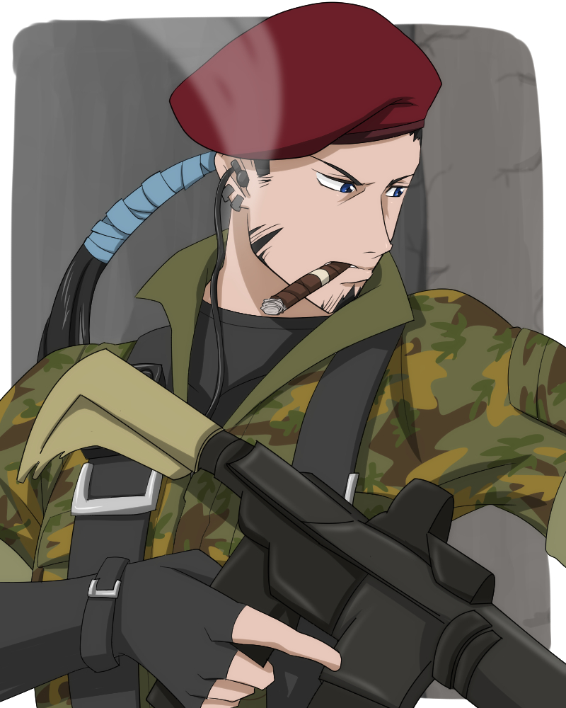 beard black_hair blue_eyes cigar coat fingerless_gloves gun hat long_hair ponytail ricardo_soldato tales_of_(series) tales_of_innocence weapon