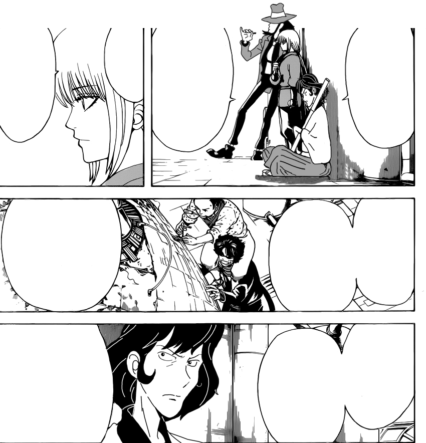 1girl 4boys comic empty_eyes gintama greyscale ishikawa_goemon_xiii jigen_daisuke lupin_iii monochrome multiple_boys mutsu_(gintama) sakamoto_tatsuma white_background