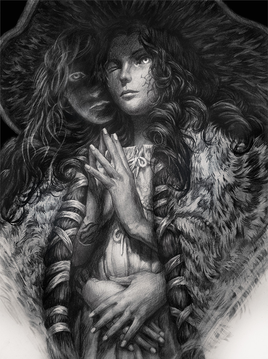 cape charcoal_(medium) cloak cracked_skin doll_joints elden_ring extra_arms extra_faces fur_cape fur_cloak greyscale hat highres joints large_hat michael_c_hayes monochrome ranni_the_witch traditional_media witch witch_hat
