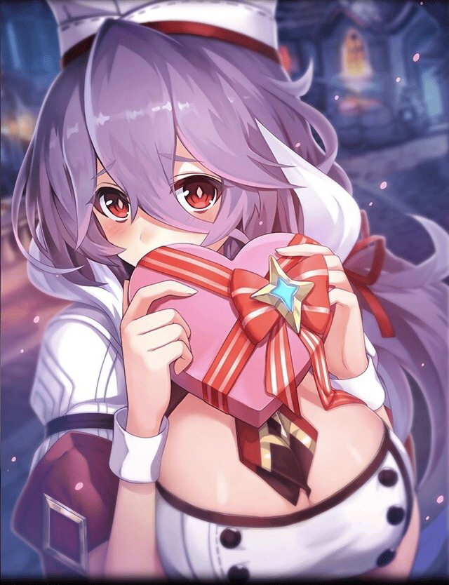 1girl ancient_killers_(phantom_of_the_kill) artist_request blush box breasts chef_hat cleavage covering_face female_focus freischutz_(phantom_of_the_kill) hair_between_eyes hair_ribbon hat heart-shaped_box holding holding_box large_breasts long_hair looking_at_viewer necktie official_art phantom_of_the_kill purple_hair red_eyes ribbon sleeve_cuffs solo upper_body