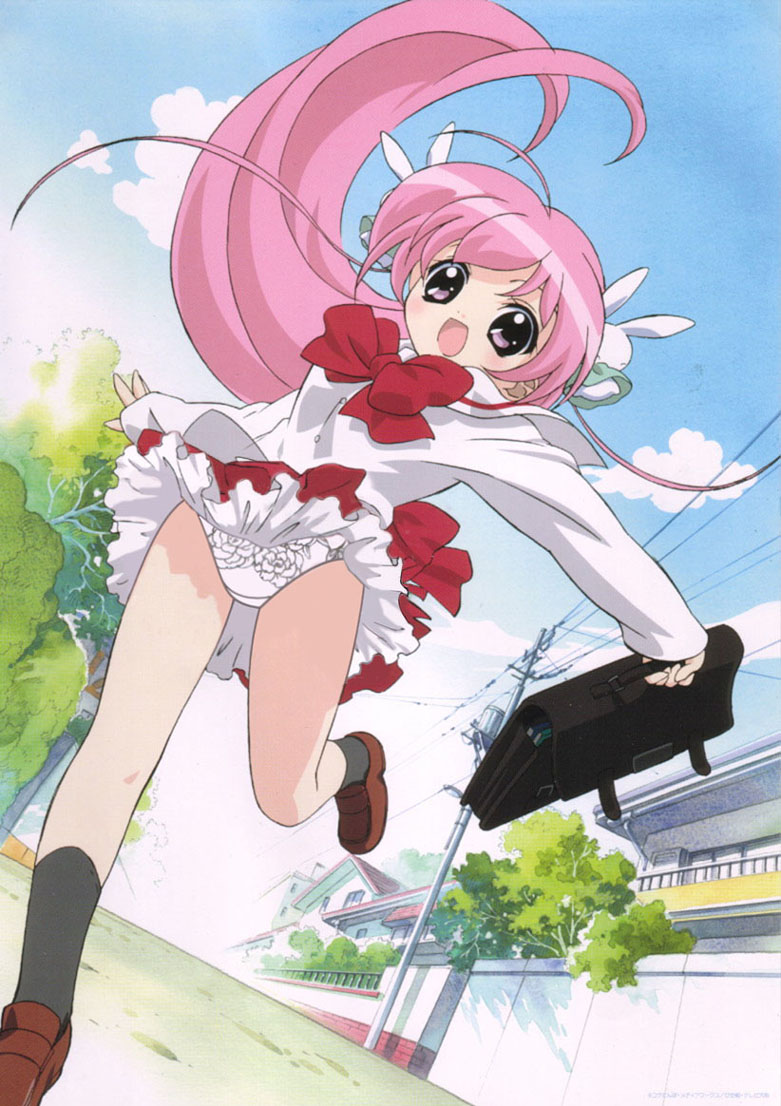 1girl :d angel animal_ears backpack bag black_socks blouse bow bowtie female_focus hair_ornament leg_lift lingerie long_hair miniskirt misha misha_(pita_ten) open_mouth panties pantyshot petticoat pink_eyes pink_hair pita_ten rabbit_ears rabbit_hair_ornament randoseru running school_bag school_uniform serafuku shirt shoes skirt smile socks solo underwear upskirt white_panties wind wind_lift