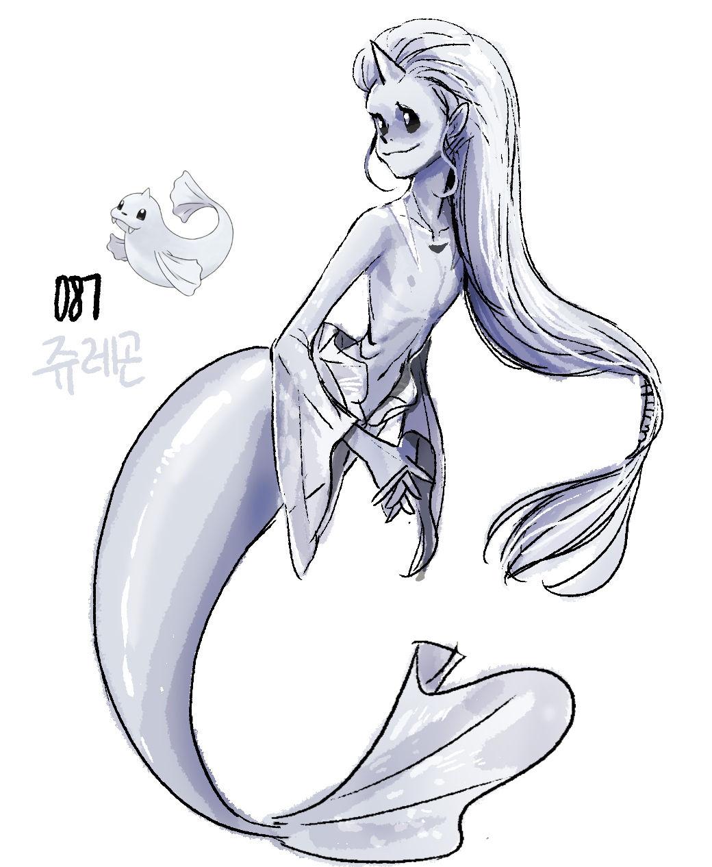1girl black_eyes bright_pupils closed_mouth colored_skin commentary dewgong flat_chest gen_1_pokemon grey_hair grey_skin highres horns long_hair low-tied_long_hair mermaid monster_girl navel nintendo personification pokemon reference_inset simple_background single_horn skin-covered_horns smile tamtamdi topless_female translated very_long_hair white_background white_pupils wide_sleeves