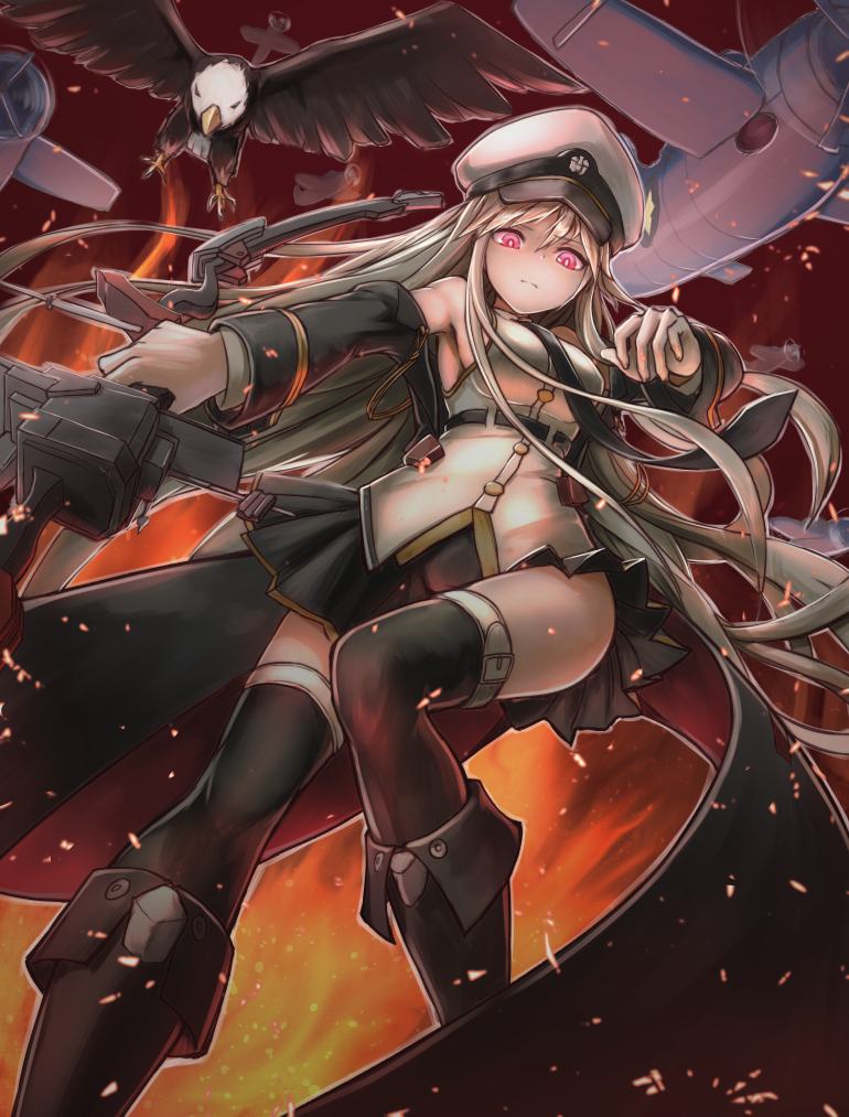 1girl aircraft azur_lane bird black_coat black_skirt black_thighhighs blonde_hair boots breasts coat commentary_request eagle embers enterprise_(azur_lane) female_focus fire from_below halterneck iroia knee_boots long_hair looking_at_viewer looking_down machinery miniskirt pleated_skirt red_eyes rigging sideboob skirt sleeveless solo standing thighhighs